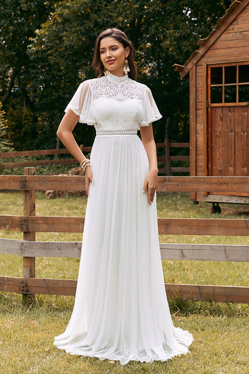 Vintage Ivory Chiffon Boho brudekjole med blonder